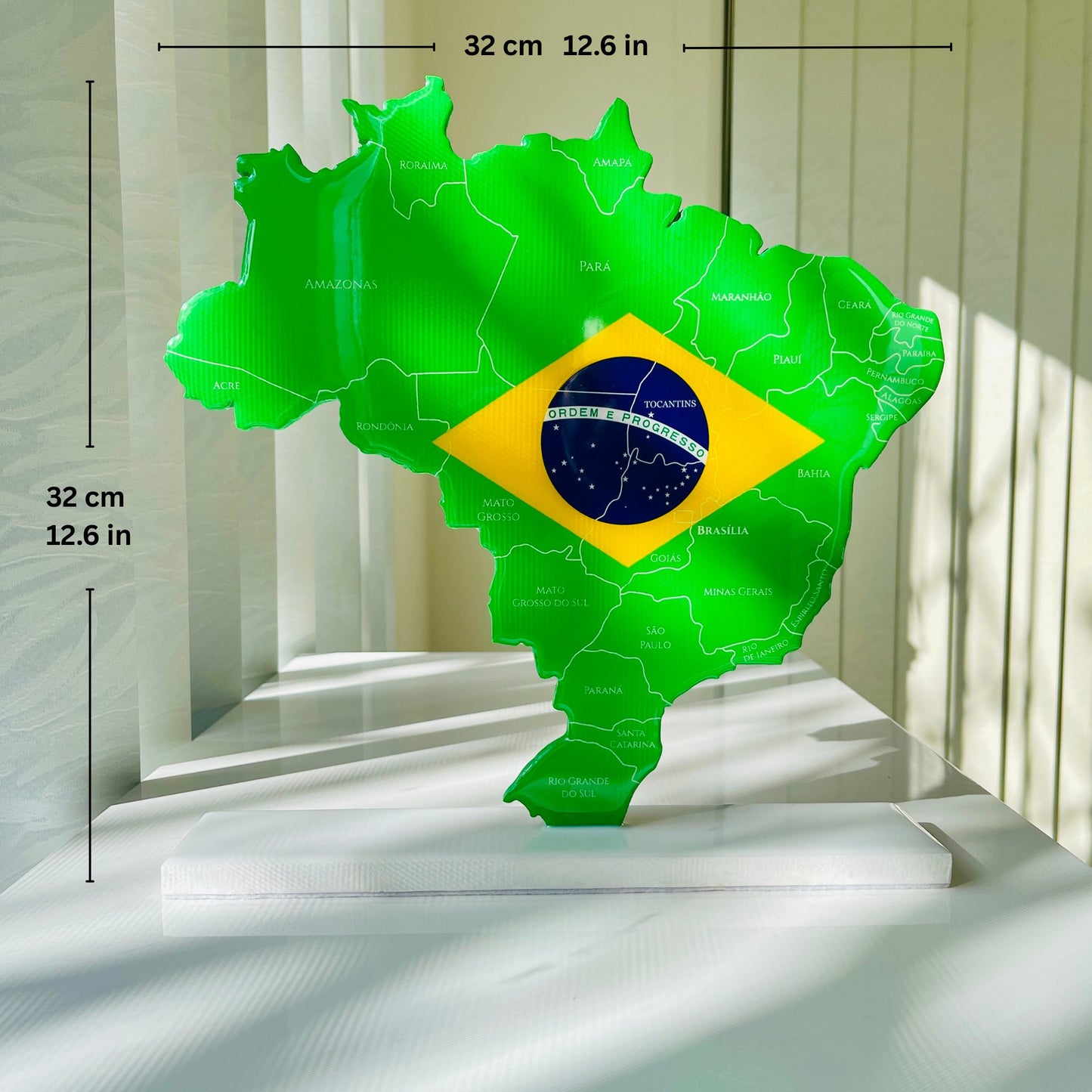 Brazil Map with Flag Colors and Engraved States, Glossy Finish