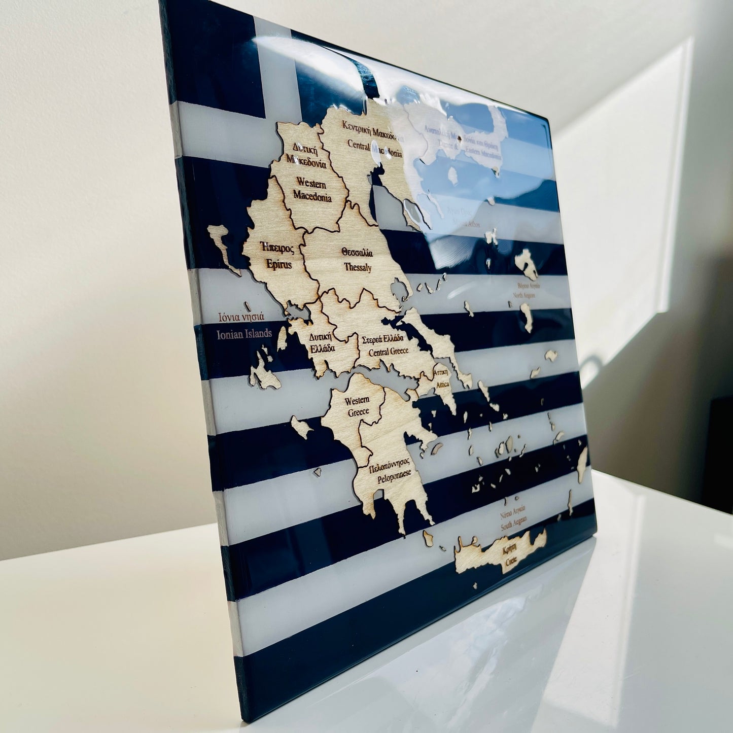Greece Map, Greek Flag Colours, Engraved Regions - Glossy Resin Finish | Perfect Gift