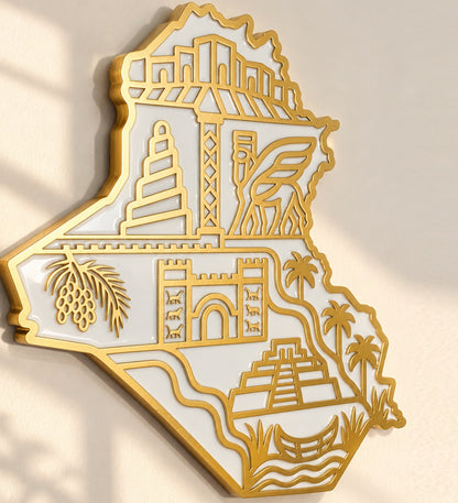 Iraq Map Wall Art with Iraqi Heritage Symbols, Glossy Finish