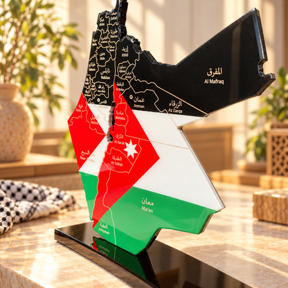 Palestine and Jordan Map with Flag Colors and Engraved Provinces, Glossy Finish