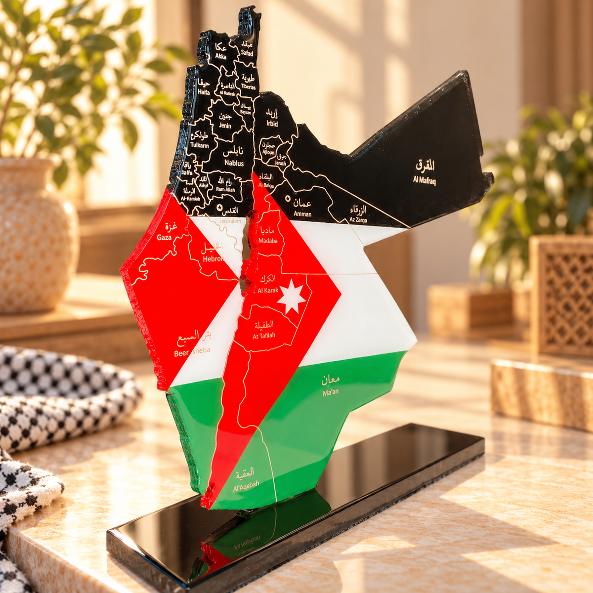 Palestine and Jordan Map with Flag Colors and Engraved Provinces, Glossy Finish