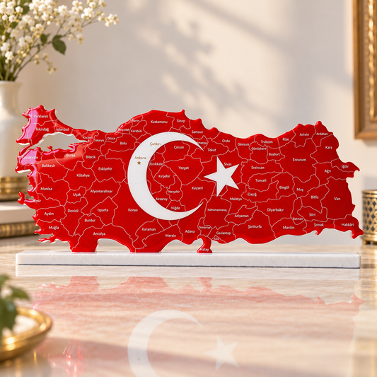 Türkiye Map, Flag Colours, Engraved Provinces - Resin Finish | Perfect Gift