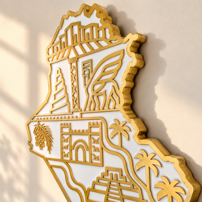 Iraq Map Wall Art with Iraqi Heritage Symbols, Glossy Finish