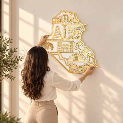 Iraq Map Wall Art with Iraqi Heritage Symbols, Glossy Finish