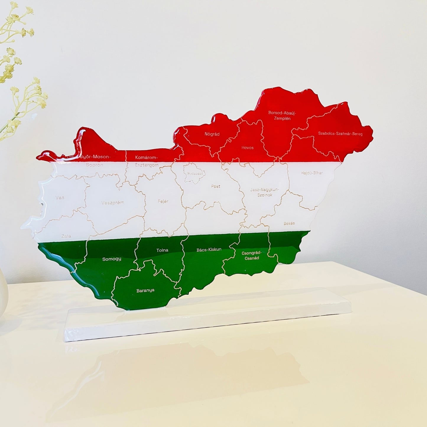 Hungary Map, Hungary Flag Colours, Engraved Hungary Counties - Glossy Resin Finish | Perfect Gift
