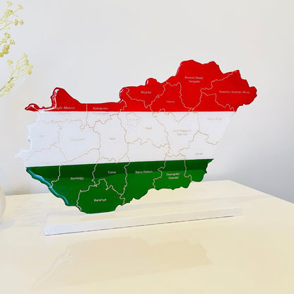 Hungary Map, Hungary Flag Colours, Engraved Hungary Counties - Glossy Resin Finish | Perfect Gift