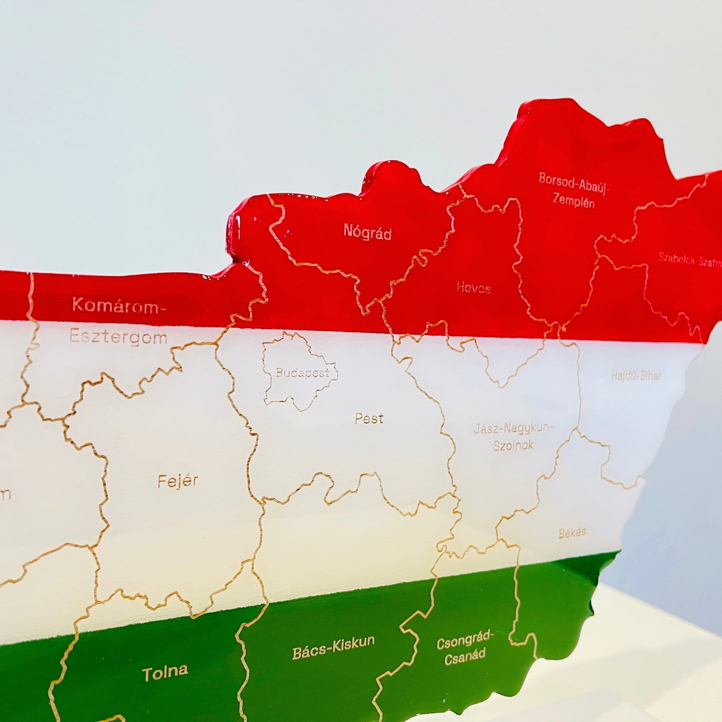 Hungary Map, Hungary Flag Colours, Engraved Hungary Counties - Glossy Resin Finish | Perfect Gift
