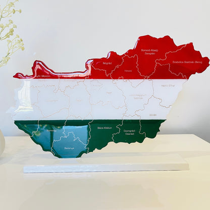 Hungary Map, Hungary Flag Colours, Engraved Hungary Counties - Glossy Resin Finish | Perfect Gift