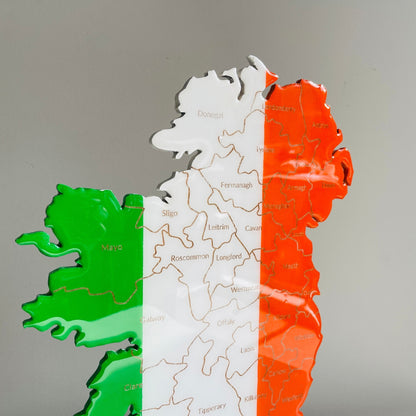 Ireland Map, Irish Flag Colours, Engraved Irish Counties - Glossy Resin Finish | Perfect Gift