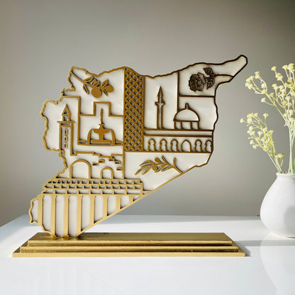Syria Wooden Map, Heritage Icons - Resin Finish | Perfect Gift