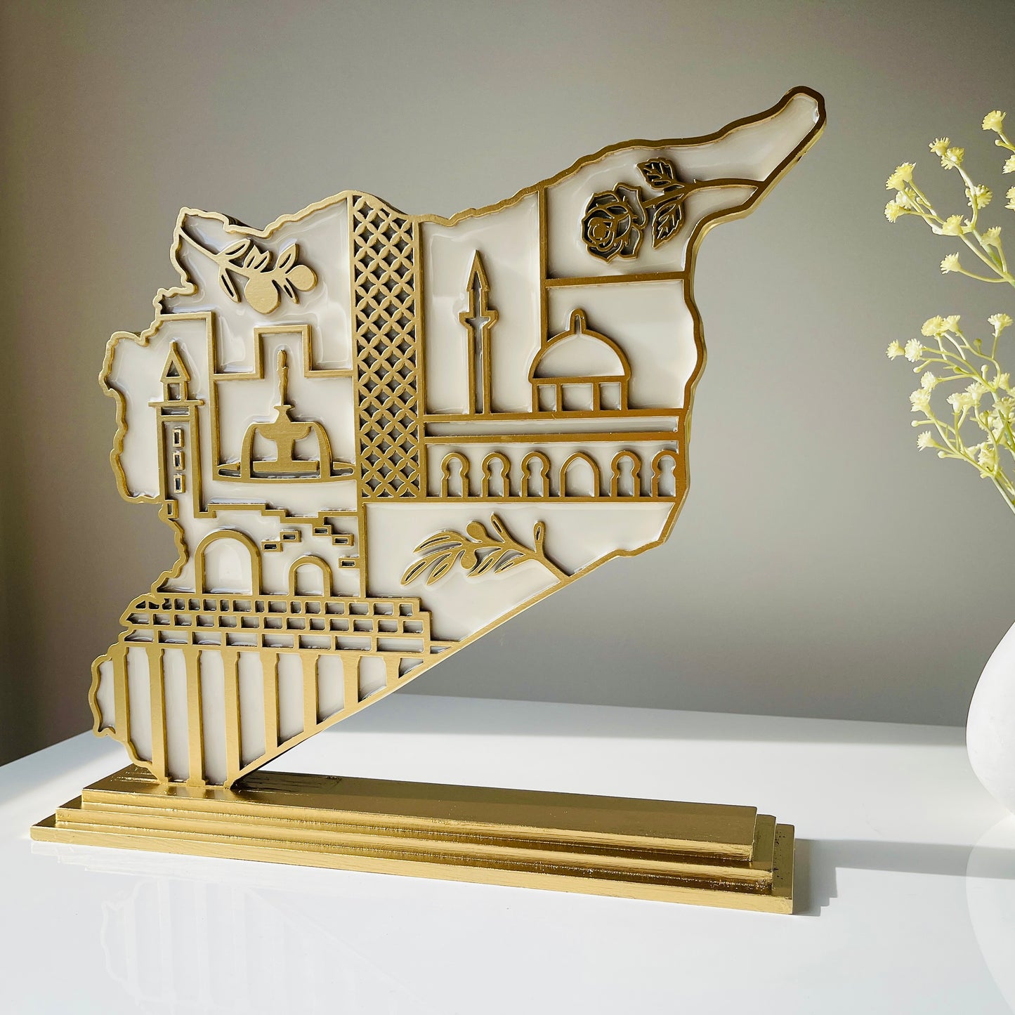 Syria Wooden Map, Heritage Icons - Resin Finish | Perfect Gift