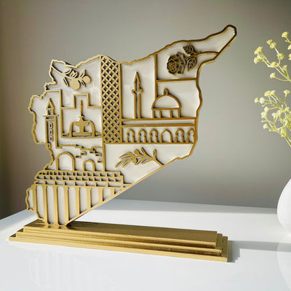 Syria Wooden Map, Heritage Icons - Resin Finish | Perfect Gift