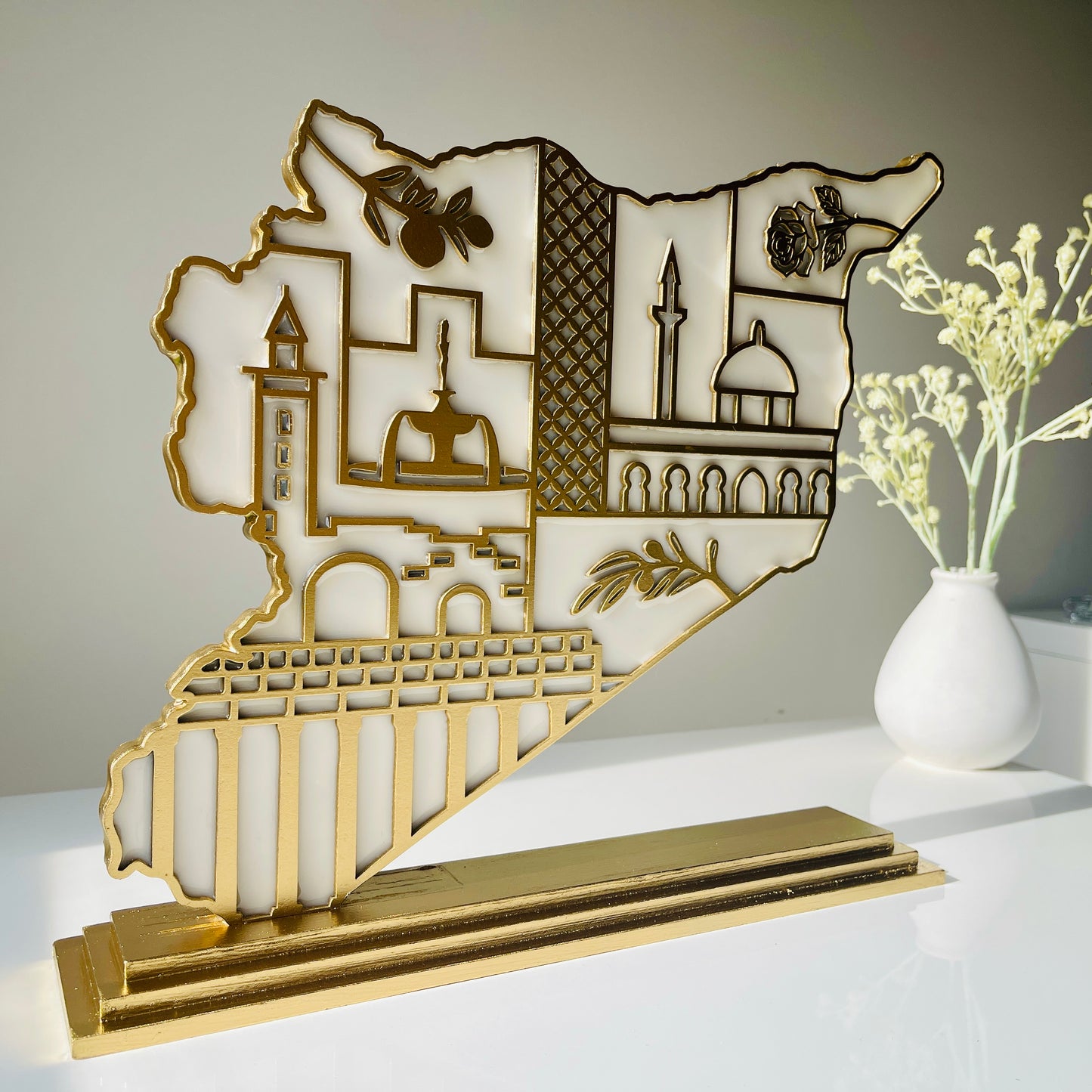 Syria Wooden Map, Heritage Icons - Resin Finish | Perfect Gift