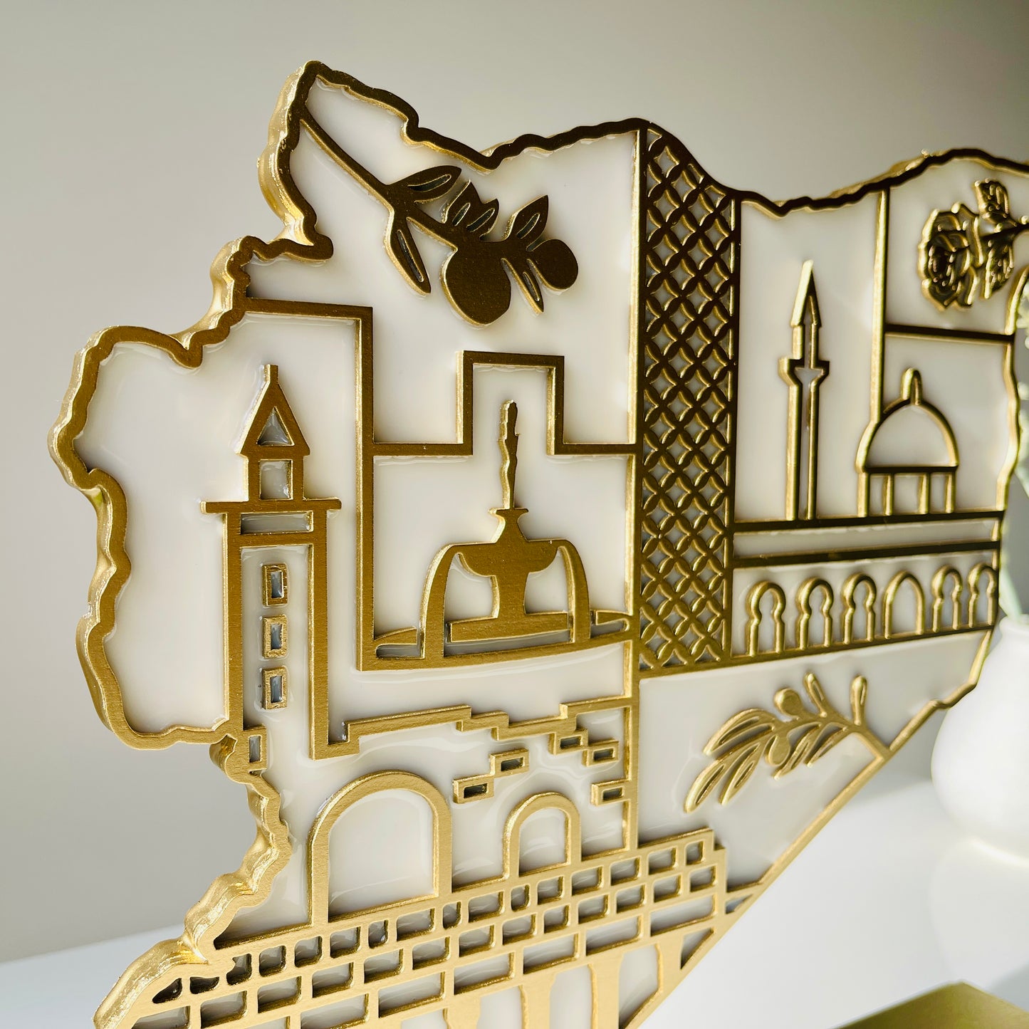 Syria Wooden Map, Heritage Icons - Resin Finish | Perfect Gift