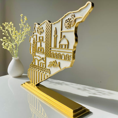 Syria Wooden Map, Heritage Icons - Resin Finish | Perfect Gift