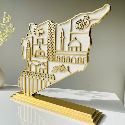 Syria Wooden Map, Heritage Icons - Resin Finish | Perfect Gift
