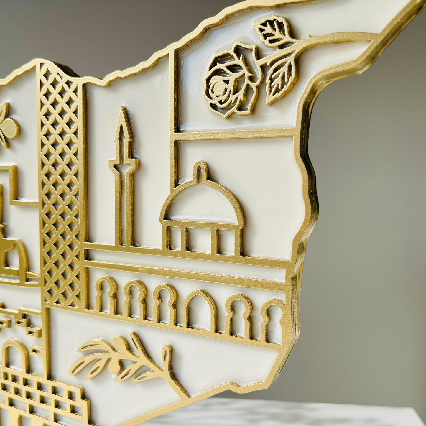 Syria Wooden Map, Heritage Icons - Resin Finish | Perfect Gift