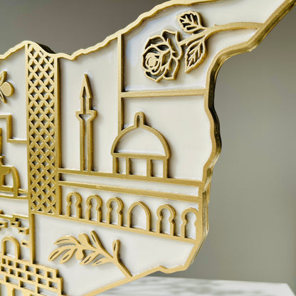 Syria Wooden Map, Heritage Icons - Resin Finish | Perfect Gift