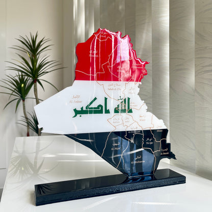 Iraq Map with Flag Colors and Engraved Provinces, Glossy Finish