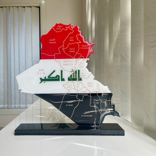 Iraq Map with Flag Colors and Engraved Provinces, Glossy Finish