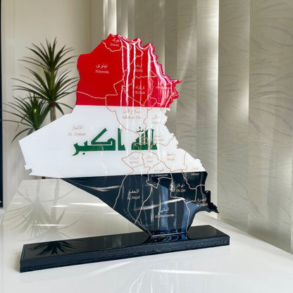 Iraq Map with Flag Colors and Engraved Provinces, Glossy Finish
