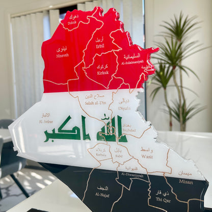 Iraq Map with Flag Colors and Engraved Provinces, Glossy Finish
