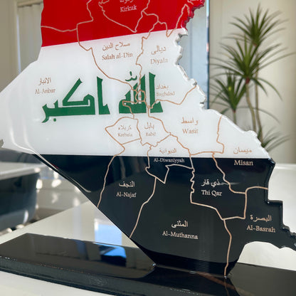 Iraq Map with Flag Colors and Engraved Provinces, Glossy Finish