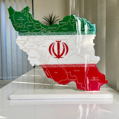 Iran Map with Flag Colors and Engraved Provinces, Glossy Finish