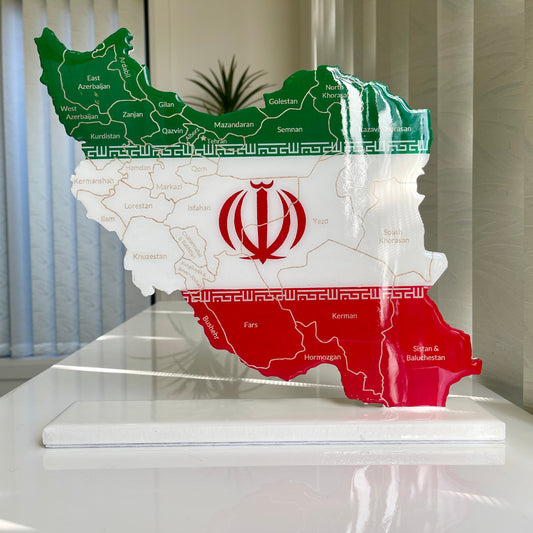 Iran Map with Flag Colors and Engraved Provinces, Glossy Finish