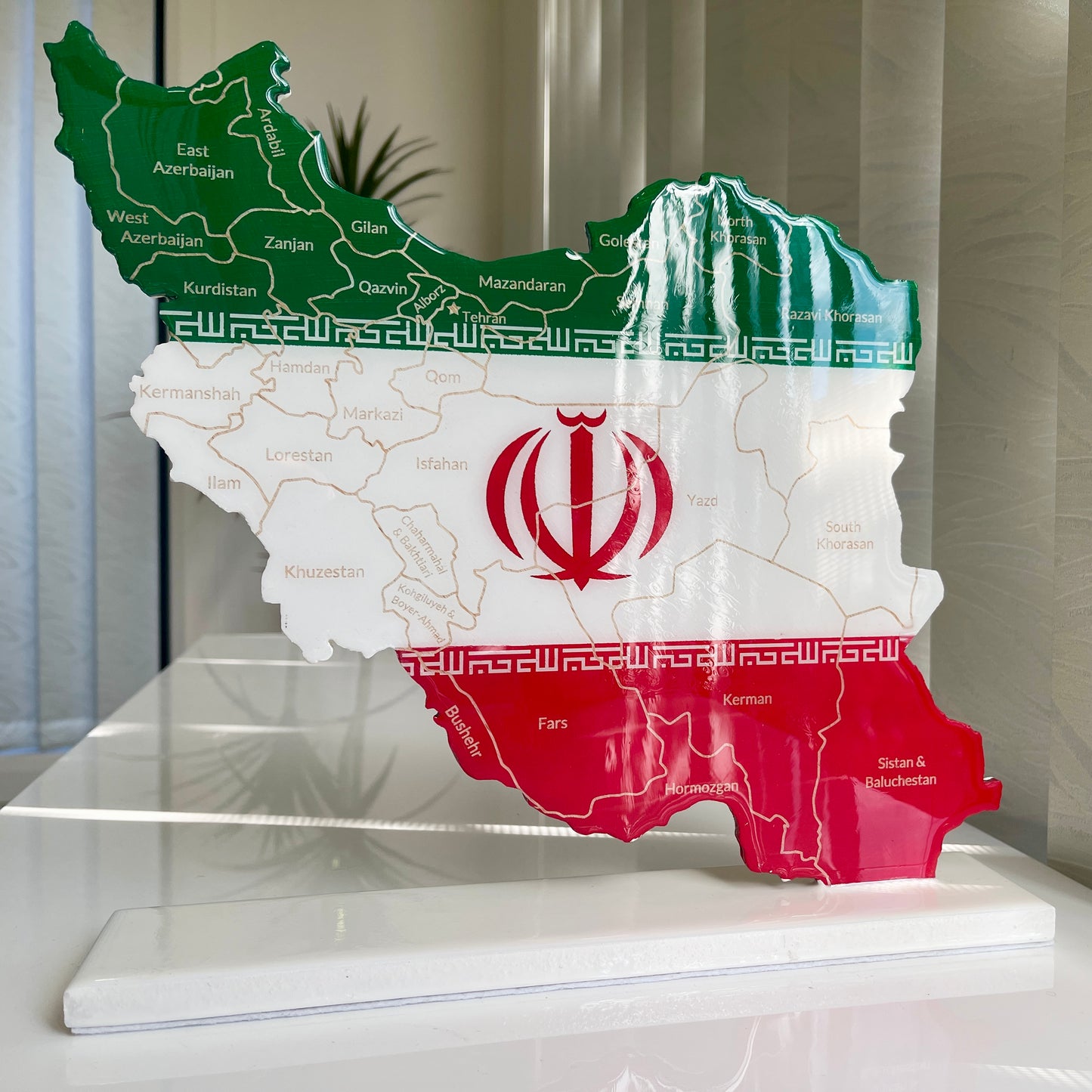 Iran Map with Flag Colors and Engraved Provinces, Glossy Finish