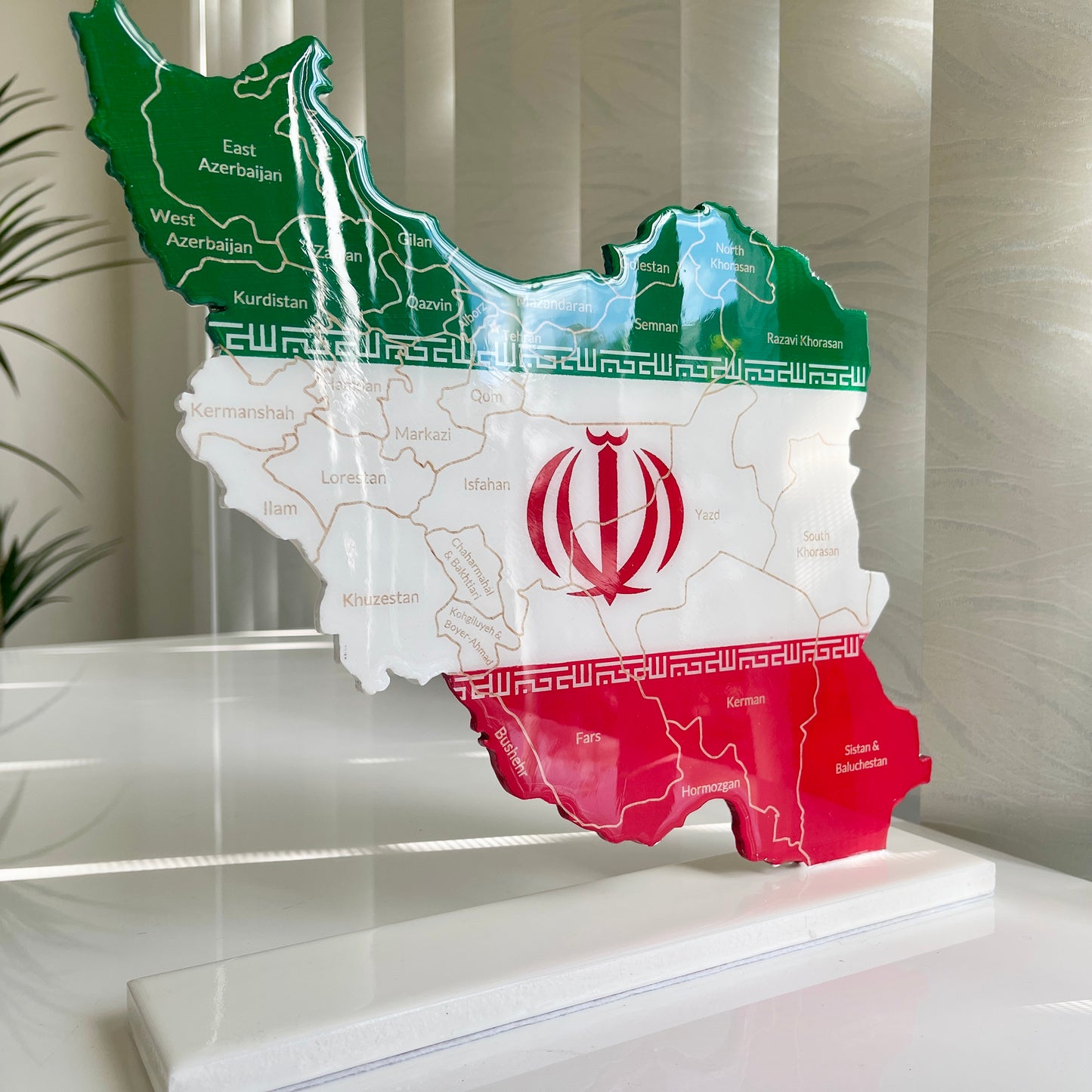 Iran Map with Flag Colors and Engraved Provinces, Glossy Finish