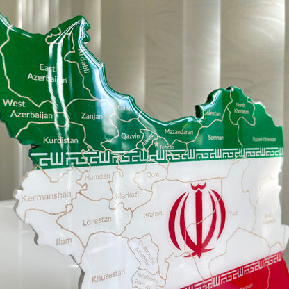 Iran Map with Flag Colors and Engraved Provinces, Glossy Finish