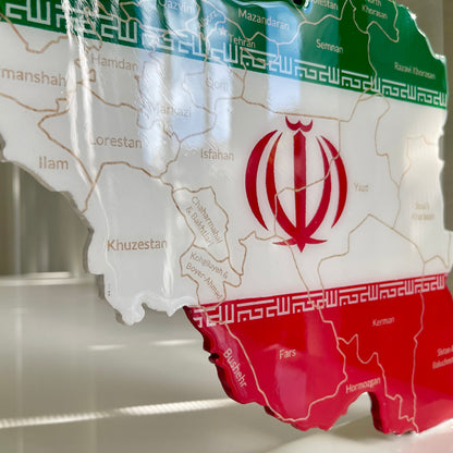 Iran Map with Flag Colors and Engraved Provinces, Glossy Finish