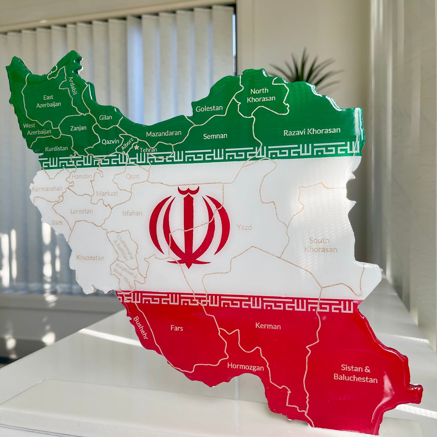 Iran Map with Flag Colors and Engraved Provinces, Glossy Finish