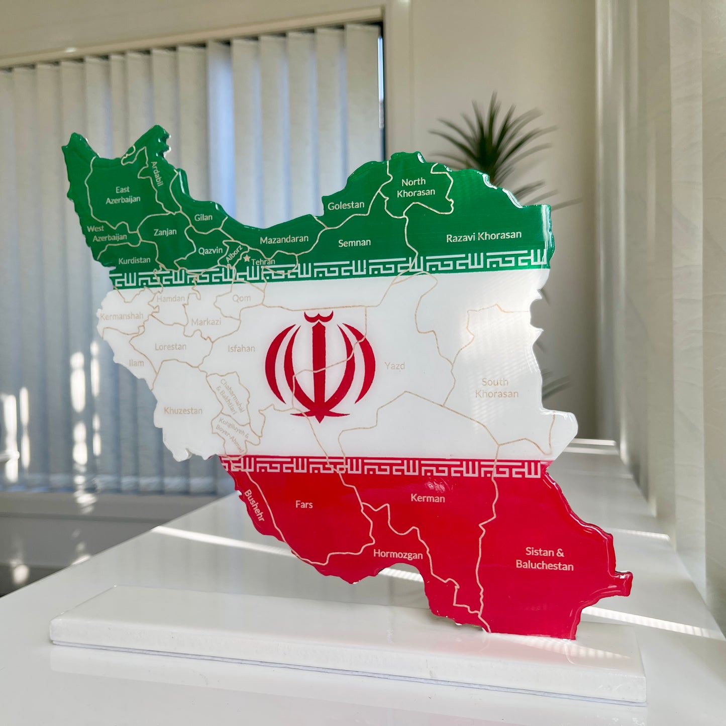 Iran Map with Flag Colors and Engraved Provinces, Glossy Finish