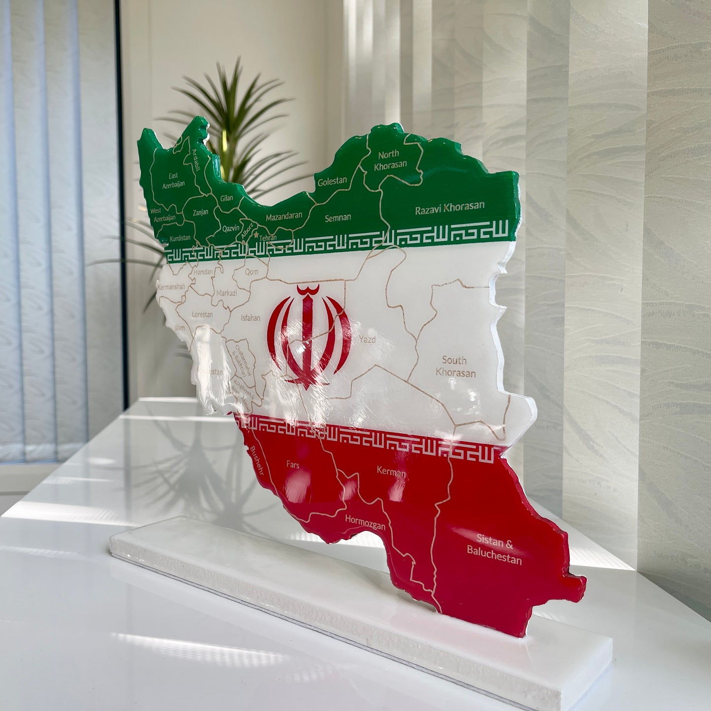 Iran Map with Flag Colors and Engraved Provinces, Glossy Finish