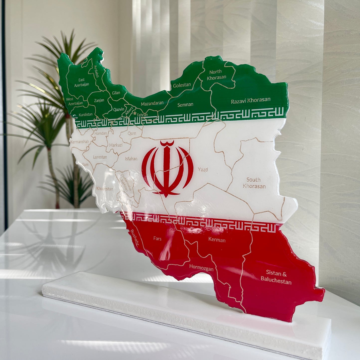 Iran Map with Flag Colors and Engraved Provinces, Glossy Finish
