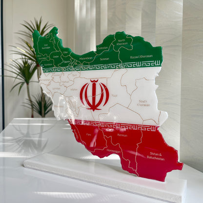 Iran Map with Flag Colors and Engraved Provinces, Glossy Finish
