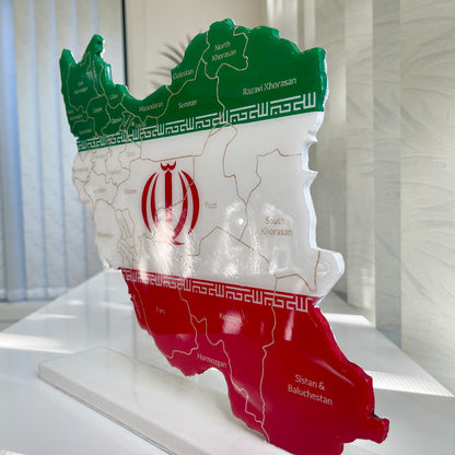Iran Map with Flag Colors and Engraved Provinces, Glossy Finish