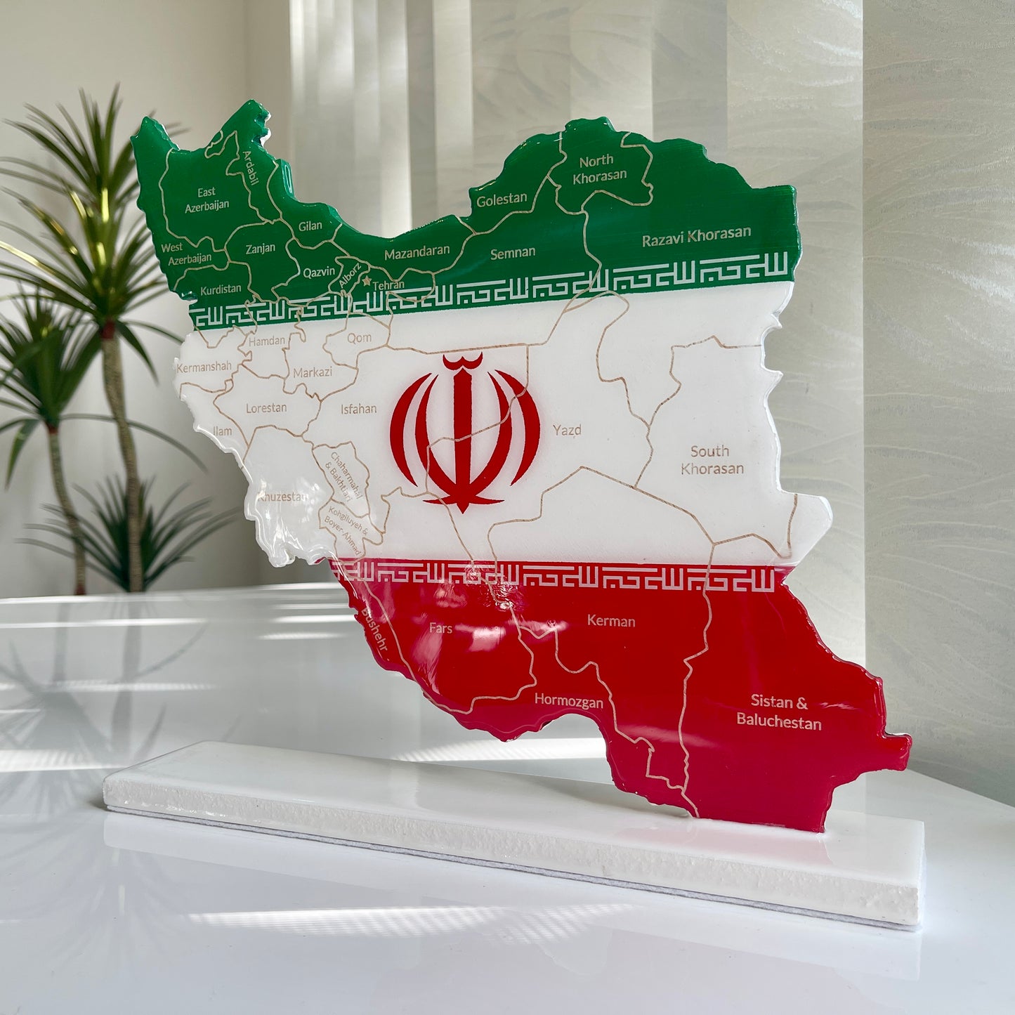 Iran Map with Flag Colors and Engraved Provinces, Glossy Finish