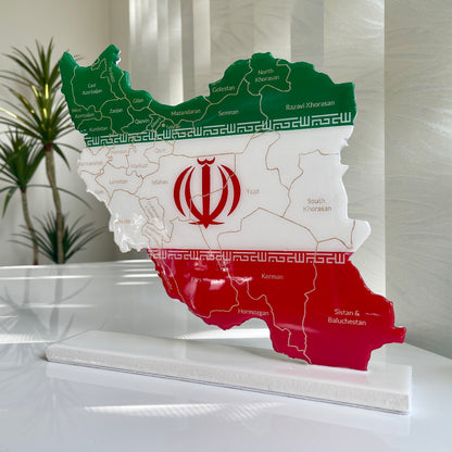Iran Map with Flag Colors and Engraved Provinces, Glossy Finish