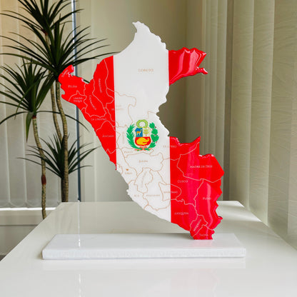 Peru Map with Flag Colors and Engraved Provinces, Glossy Finish