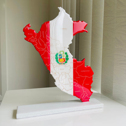 Peru Map with Flag Colors and Engraved Provinces, Glossy Finish