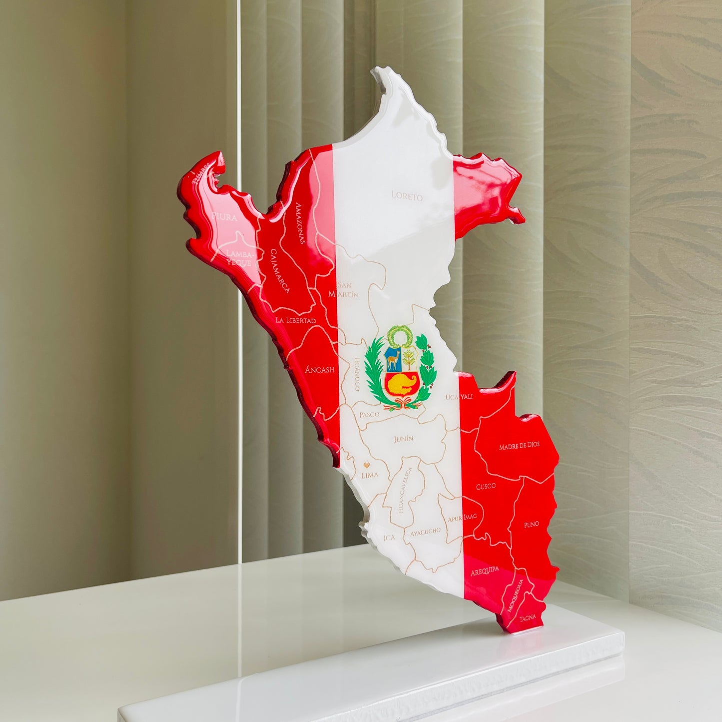 Peru Map with Flag Colors and Engraved Provinces, Glossy Finish