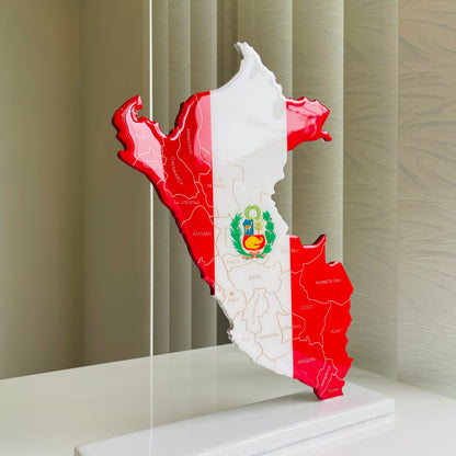 Peru Map with Flag Colors and Engraved Provinces, Glossy Finish