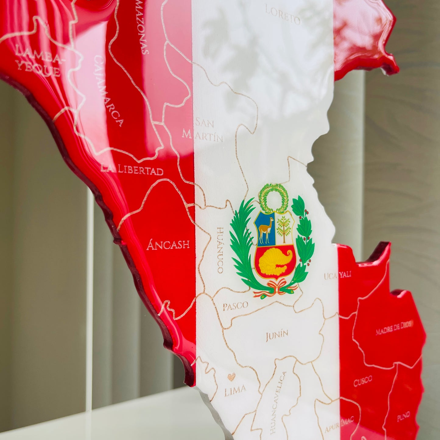 Peru Map with Flag Colors and Engraved Provinces, Glossy Finish