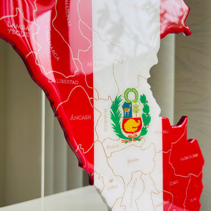 Peru Map with Flag Colors and Engraved Provinces, Glossy Finish