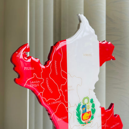 Peru Map with Flag Colors and Engraved Provinces, Glossy Finish