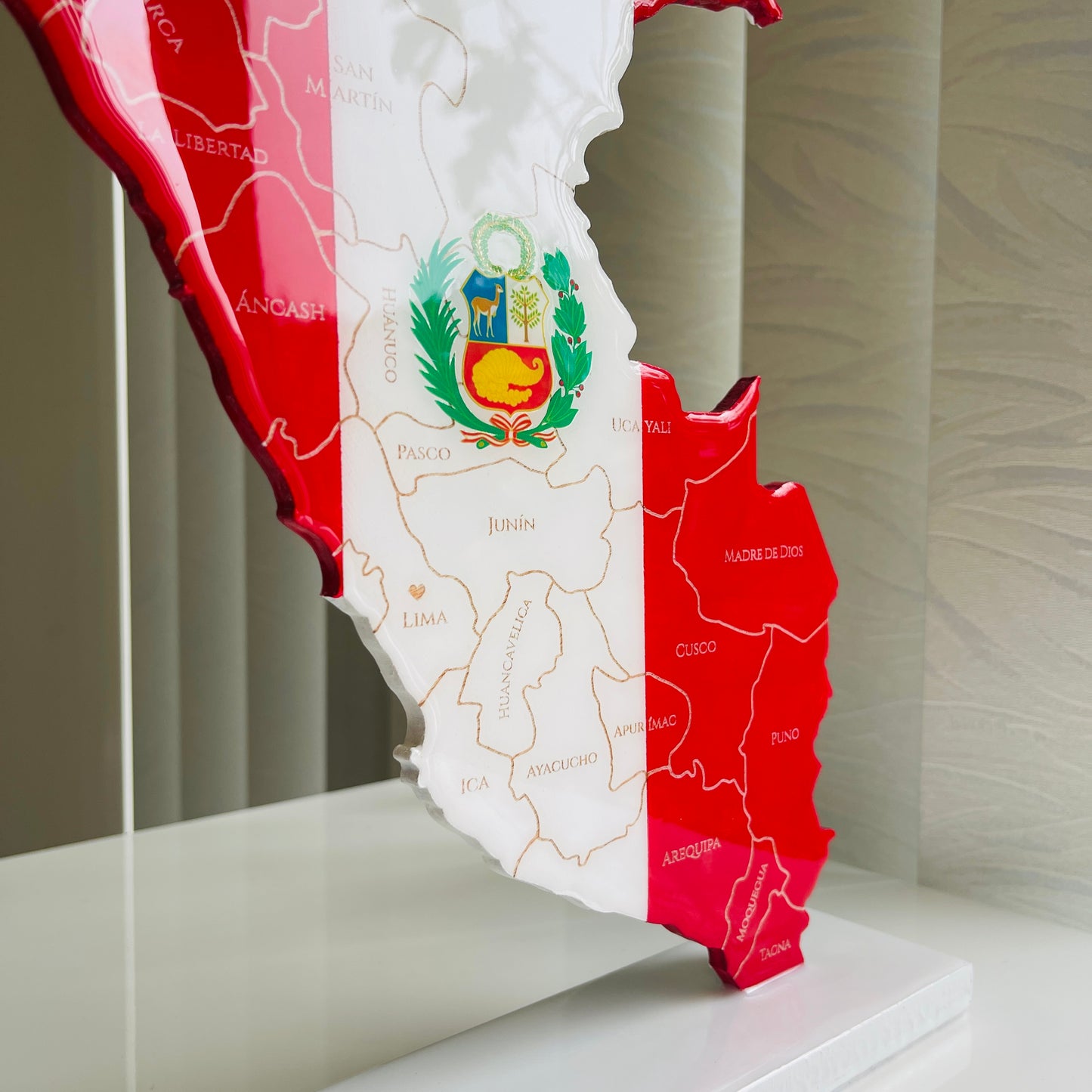 Peru Map with Flag Colors and Engraved Provinces, Glossy Finish