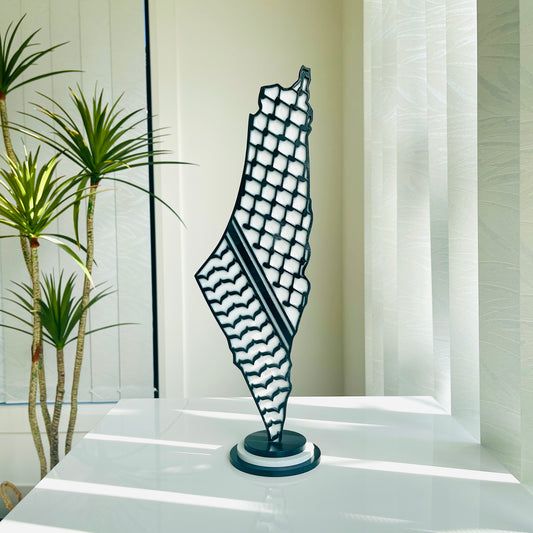 Palestine Map with Black Keffiyeh Pattern, Glossy Resin Finish